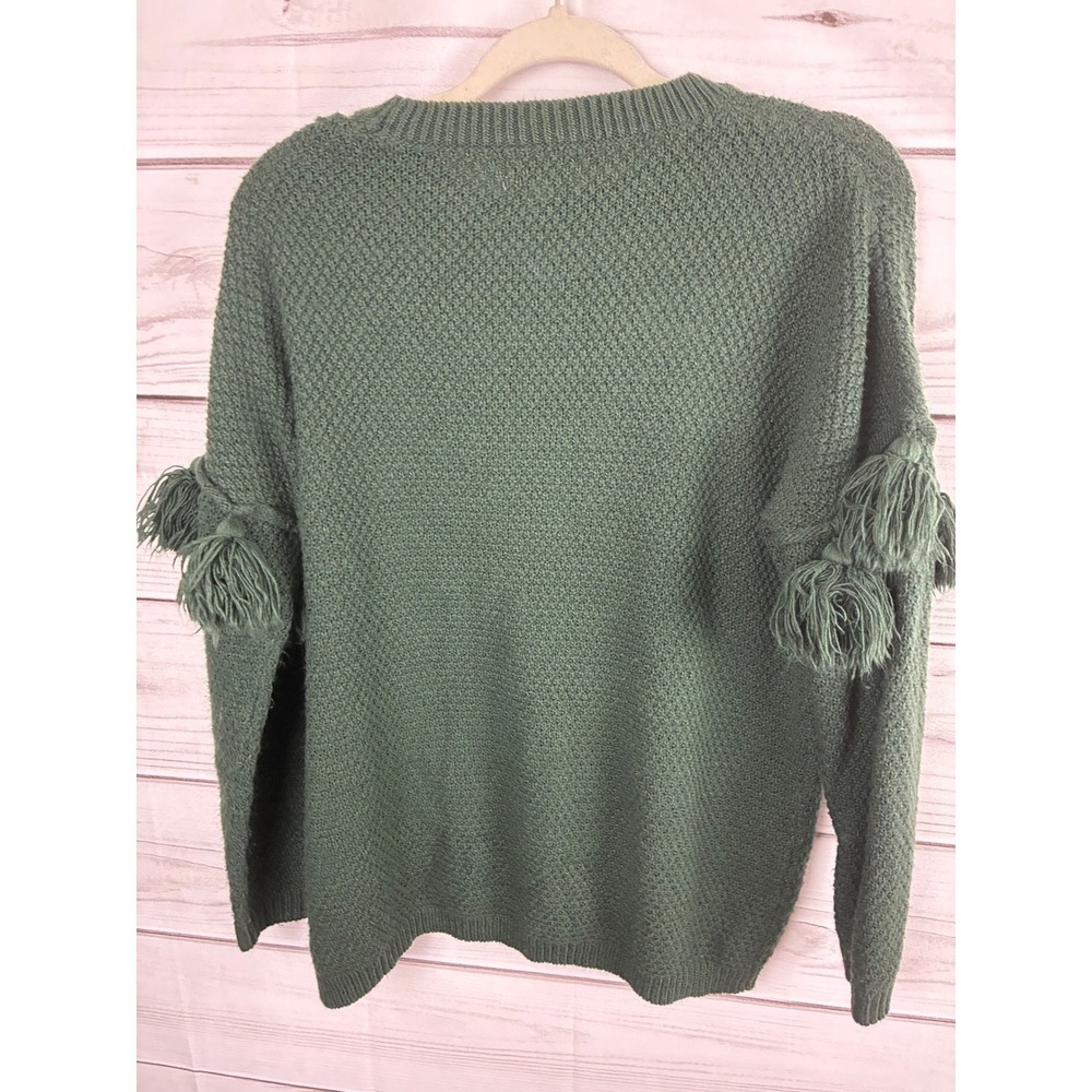 Mud Pie Green Textured Knit Tassel Sleeve Sweater Womens Medium Pullover - Picture 2 of 7
